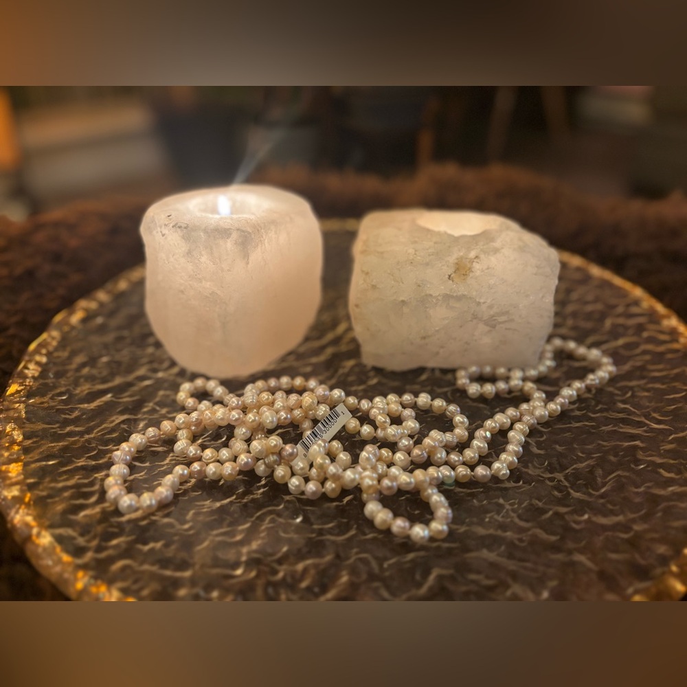 Raw White Selenite (Satin Spar) Stone Candle Holders Pair • Altar Ritual Light🕯️